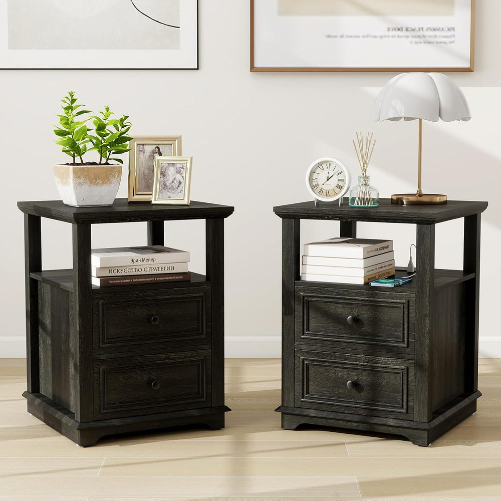 MUUEGM Farmhouse Nightstand 18” Brown End Table with Charging Station Rustic ...