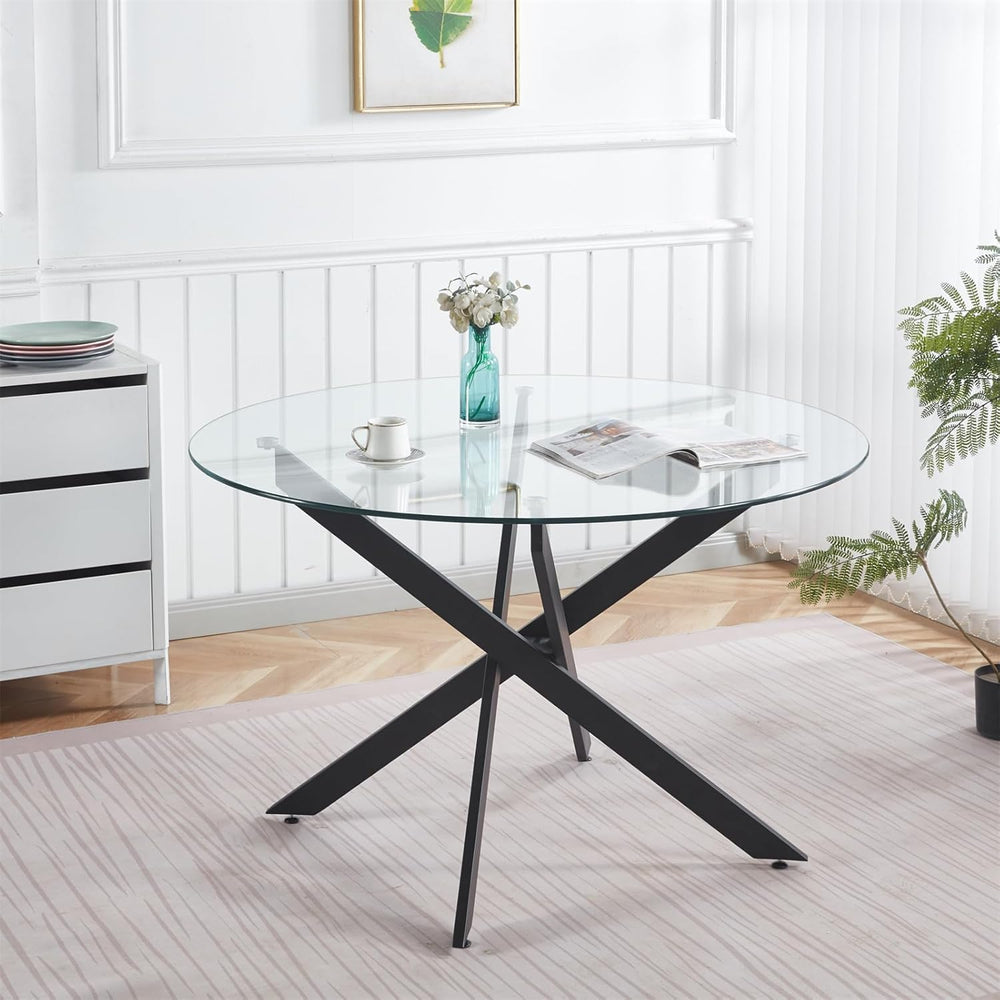 Henf 47.24" Round Dining Table with Black Metal Legs, Glass Kitchen Tabl...