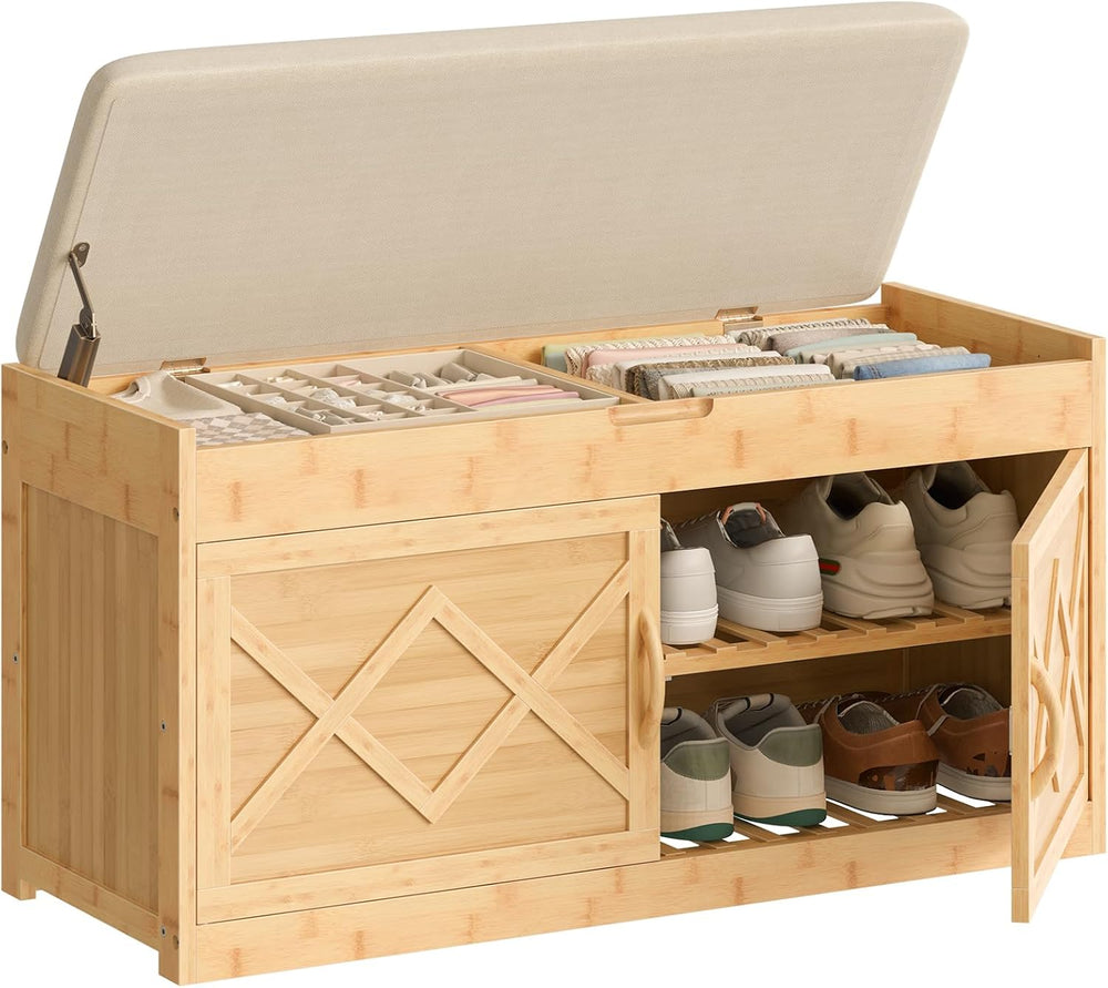HOOBRO Shoe Bench, Shoe Storage Bench with Cushion, Bamboo Entryway Bench wit...