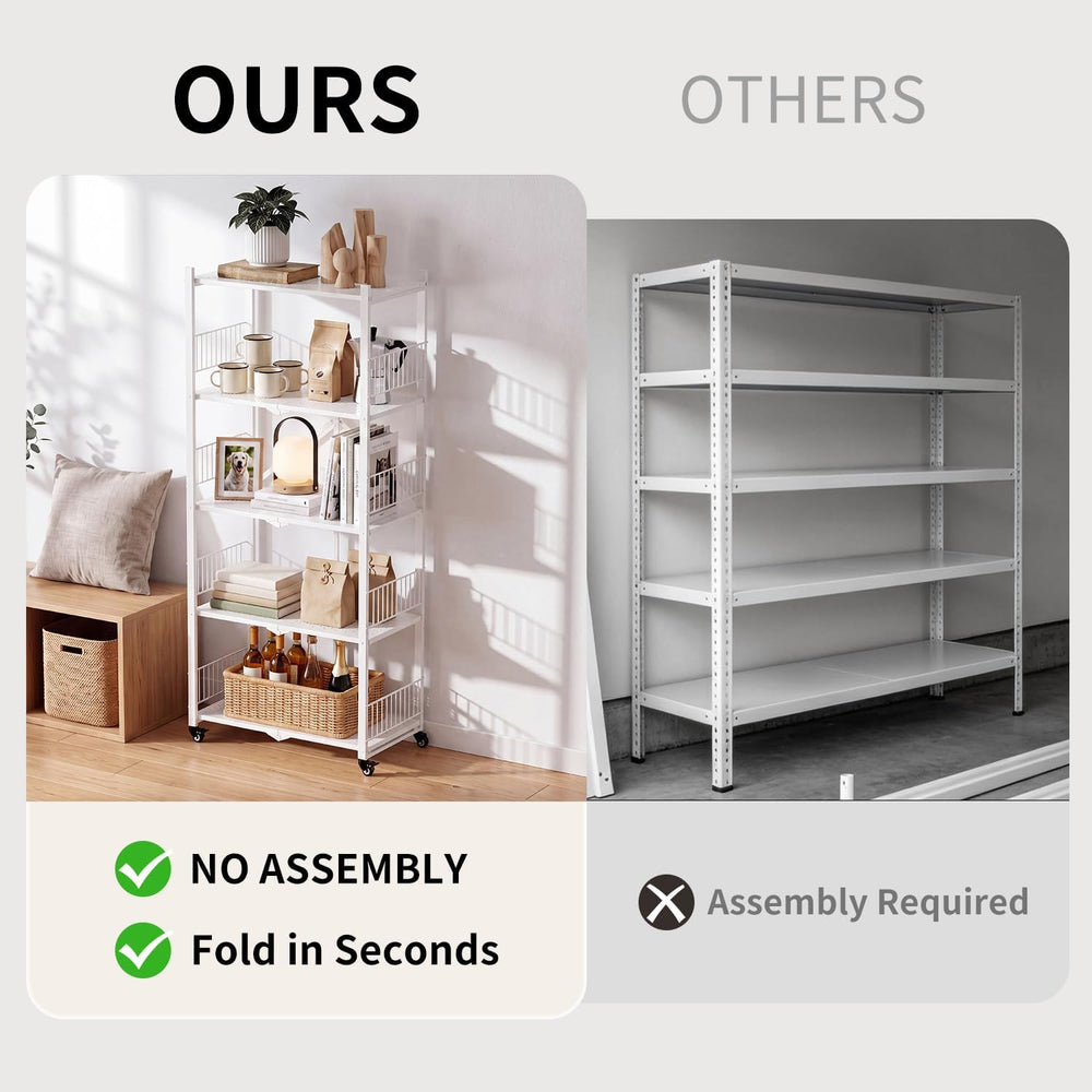 Folding Shelves No Assembly, 5 Tier Foldable Storage Shelves with Wheels, 220...
