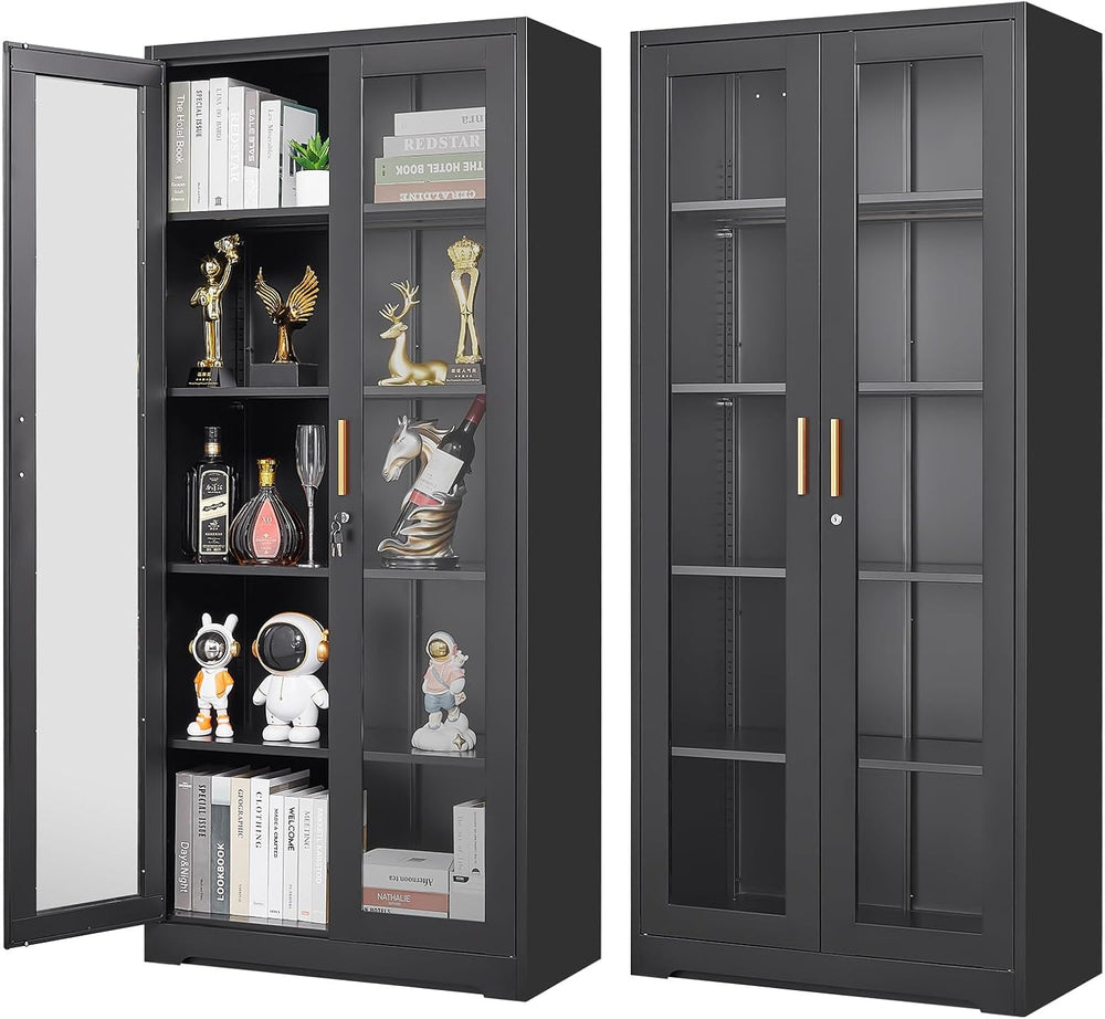 Polup 71" Black Metal Glass Display Cabinet with Security Lock