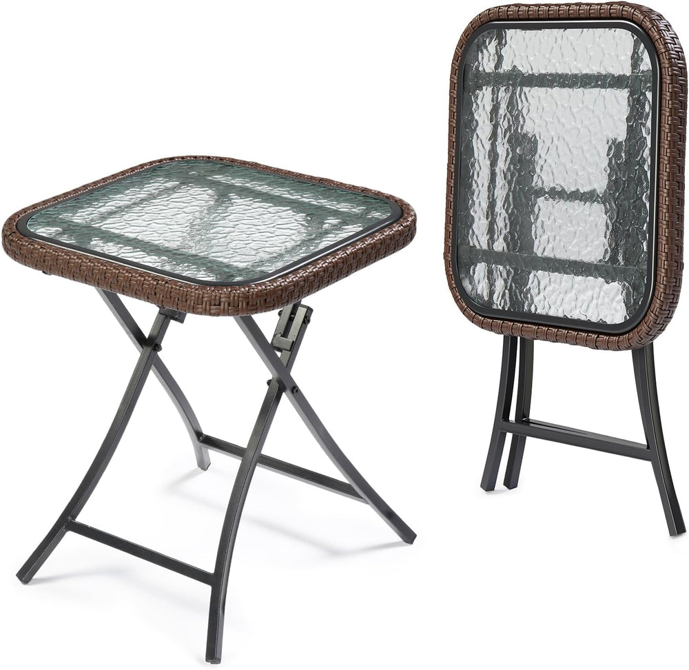 VINGLI 18in Modern Brown Rattan Folding Glass Outdoor Side Table, Small Patio...