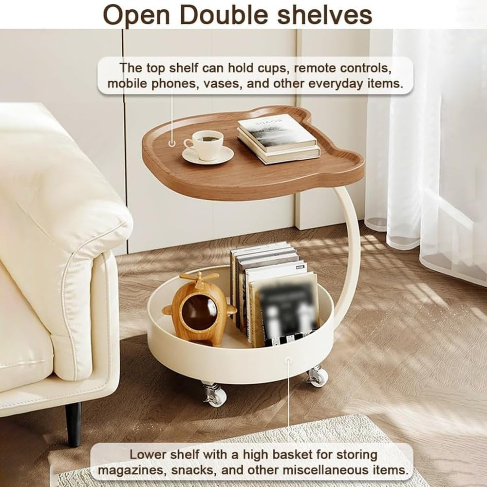C Shaped End Table, 360°Swivel TV Tray Table with Wheels, Side Table with Sto...
