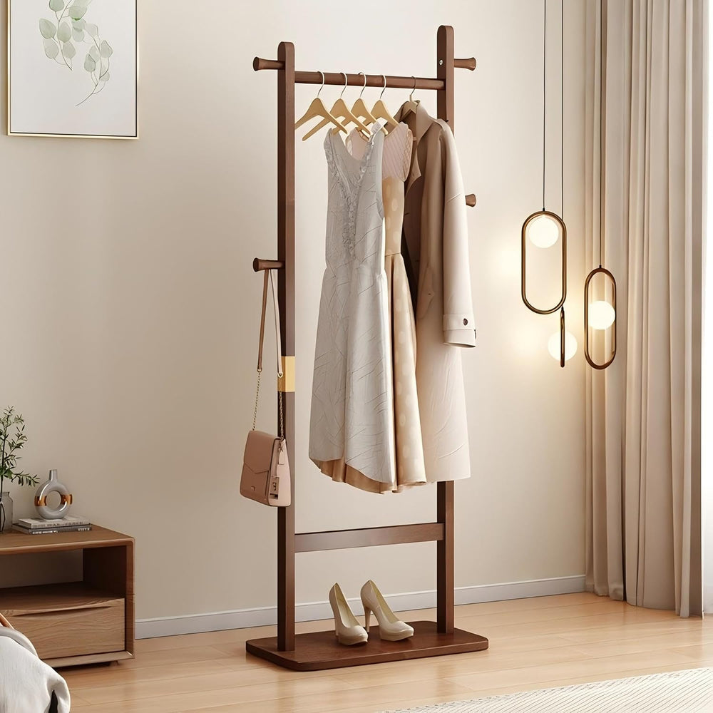 Solid Wood Coat Rack Freestanding, Clothing Rack with 5 Hooks & Bottom Sh...