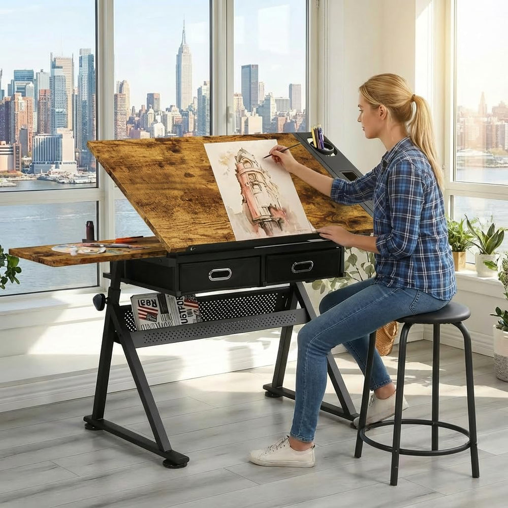 Drafting Table with Storage & Stool: Adjustable Tilting Art Desk, 2 Drawe...