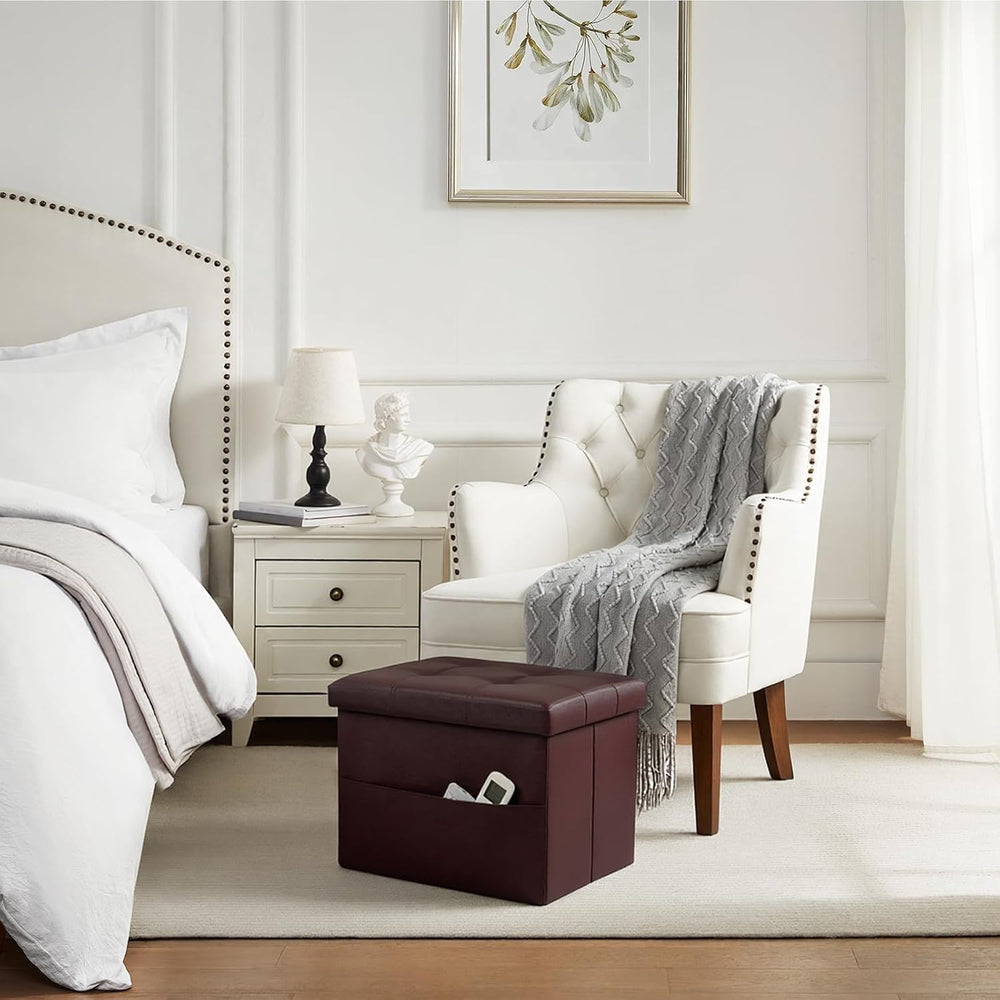 Bsketa Storage Ottoman Bench, 16" Folding Leather Foot Rest, Brown 2 Pac...