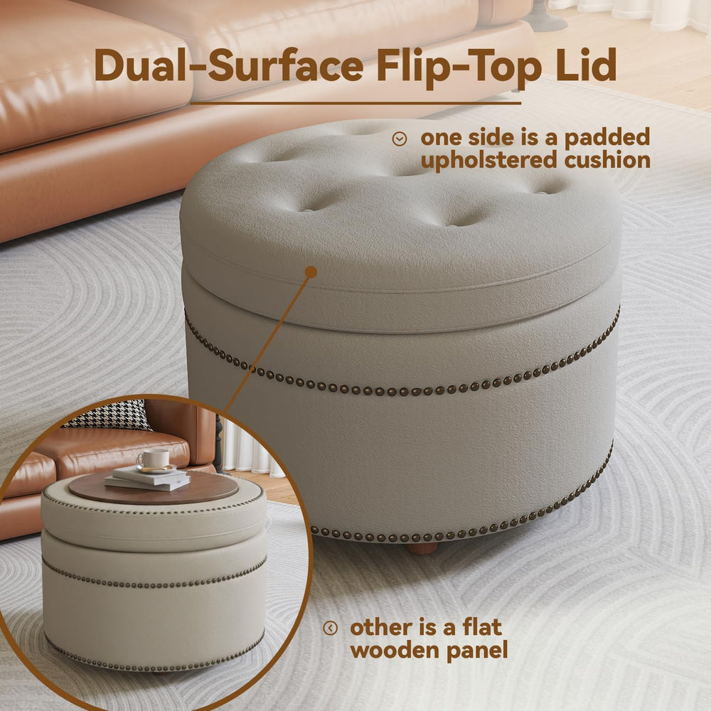 24'' Dual-Surface Lid Round Ottoman – Accent Ottoman with Storage Com...
