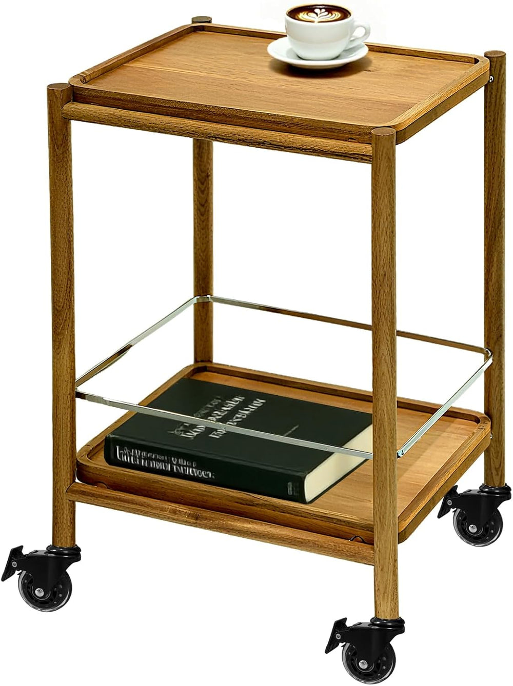 Acacia Wood Rolling Side Table, 2-Tier with Lockable Wheels & Removable T...