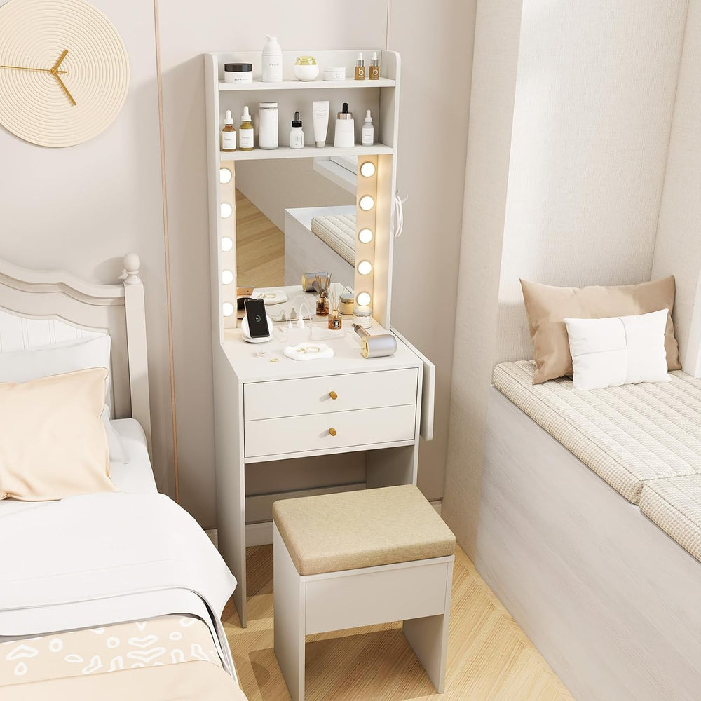 COSTWAY Vanity Desk with Mirror and Lights, Narrow Dressing Table with Foldab...