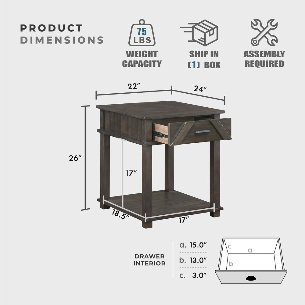 Lexicon Rectangle Wood End Table with Drawer and Lower Open Shelf, Pine Wood ...