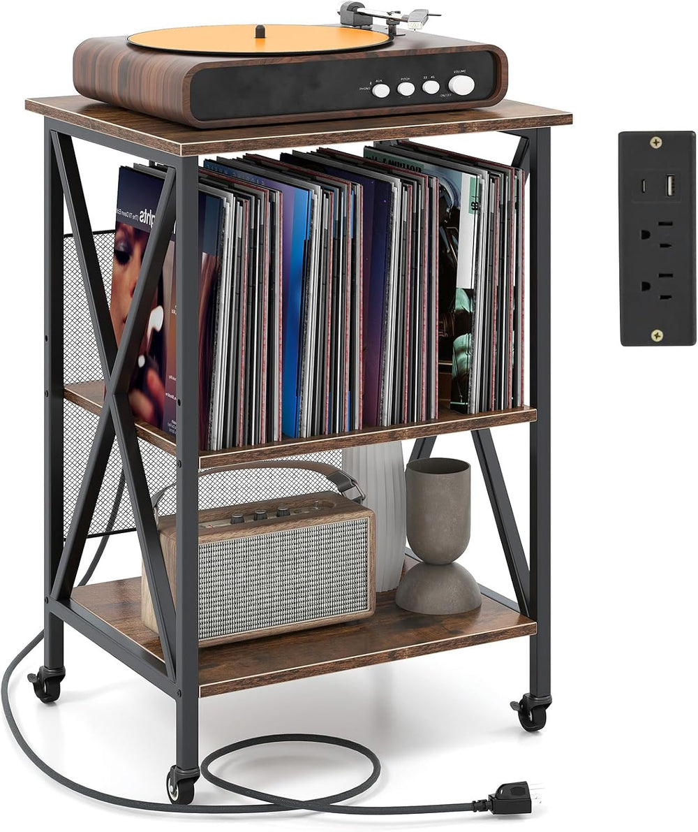 GOFLAME Record Player Stand with Power Outlet, 3-Tier Industrial Rolling Turn...