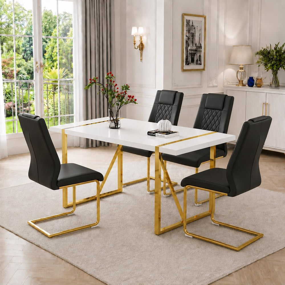 55‘’ Modern Dining Table Set for 4, White Dining Tabletop and Golden Metal Fr...