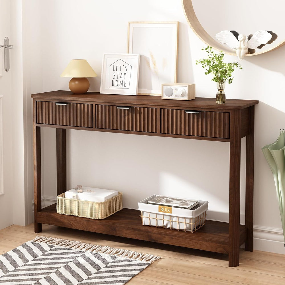 HOKYHOKY Fluted Console Table with Drawers, 47.1" Entryway Table, Walnut...