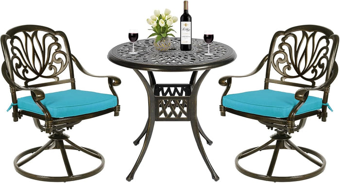 MEETWARM 3-Piece Outdoor Patio Dining Set, All-Weather Cast Aluminum Patio Conversation Set for Backyard Garden Deck with 2 Cushions Swivel Rocker Chairs and 31" Round Table, Umbrella Hole, Ocean Blue