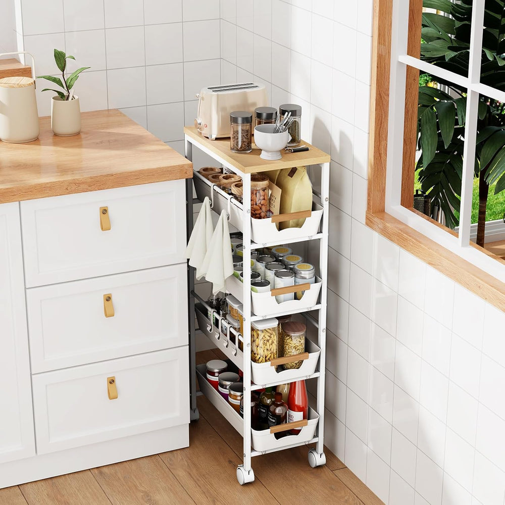 5-Tier Slim Storage Cart, Wooden Top Rolling Kitchen Cart with Pull-Out Baske...