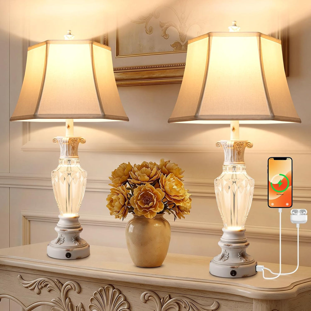 28.5" Table Lamps Set of 2 White Resin Glass Nightstand Lamp with USB Port
