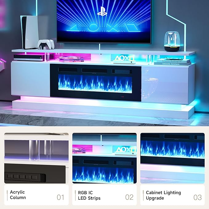 70" Fireplace TV Stand, Modern Entertainment Center for TVs Up to 80&quo...