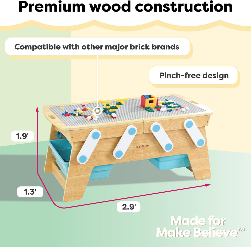 KidKraft Building Bricks Play N Store Wooden Table with 200+ Bricks, 3 Bins