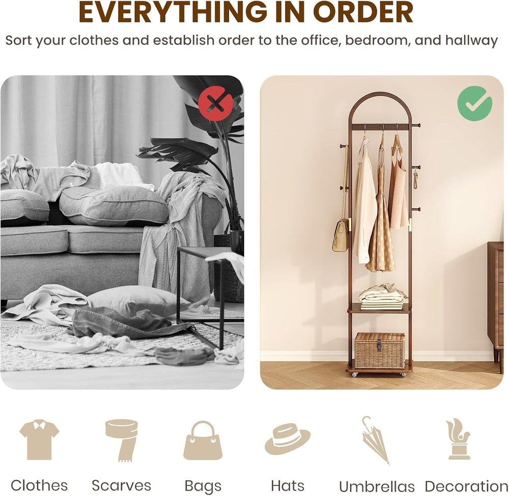 15.9" Narrow 3-in-1 Rolling Clothing Rack,Wooden Coat Rack with Wheels, ...