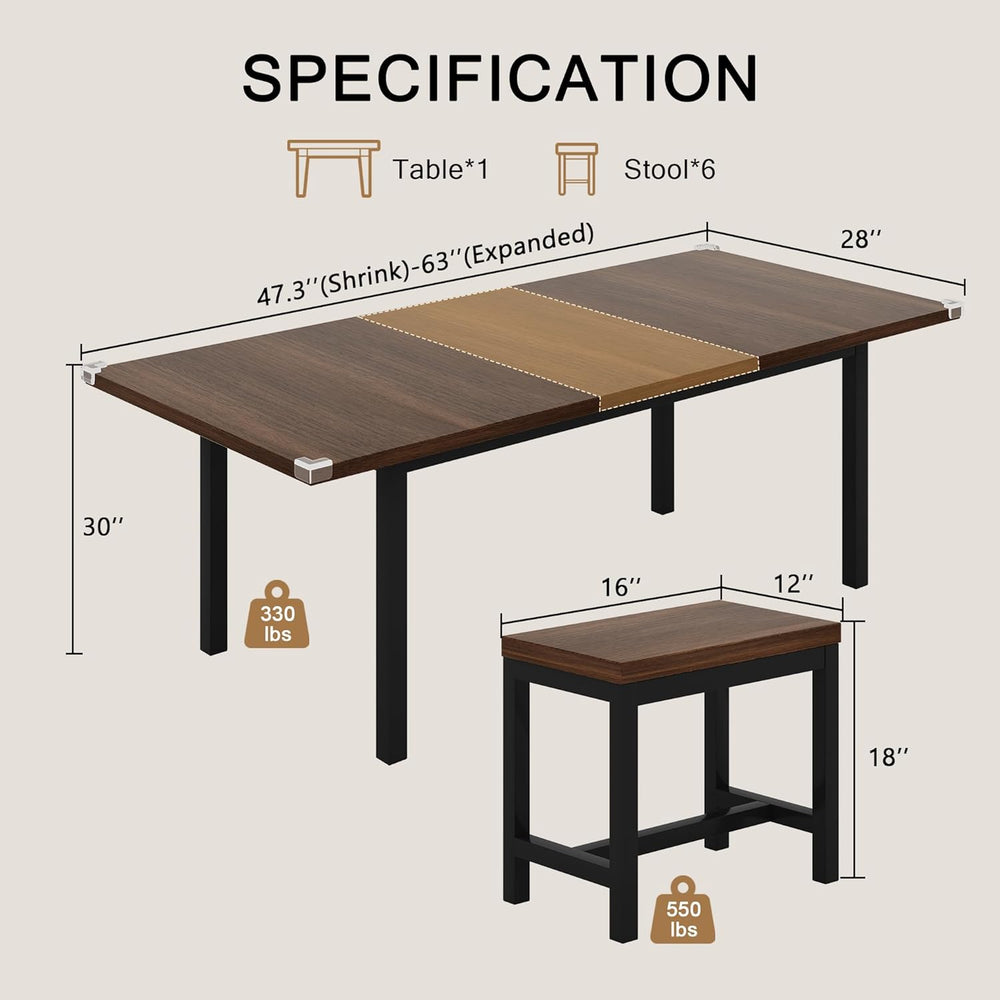 Einhomn 7-Piece Dining Table Set, 63" Extendable Kitchen Room Table with...