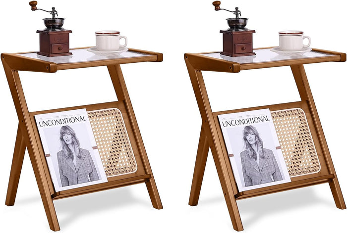 Tiita 2 Pack Small Brown Rattan Nightstands, Bamboo Glass Top Side Tables
