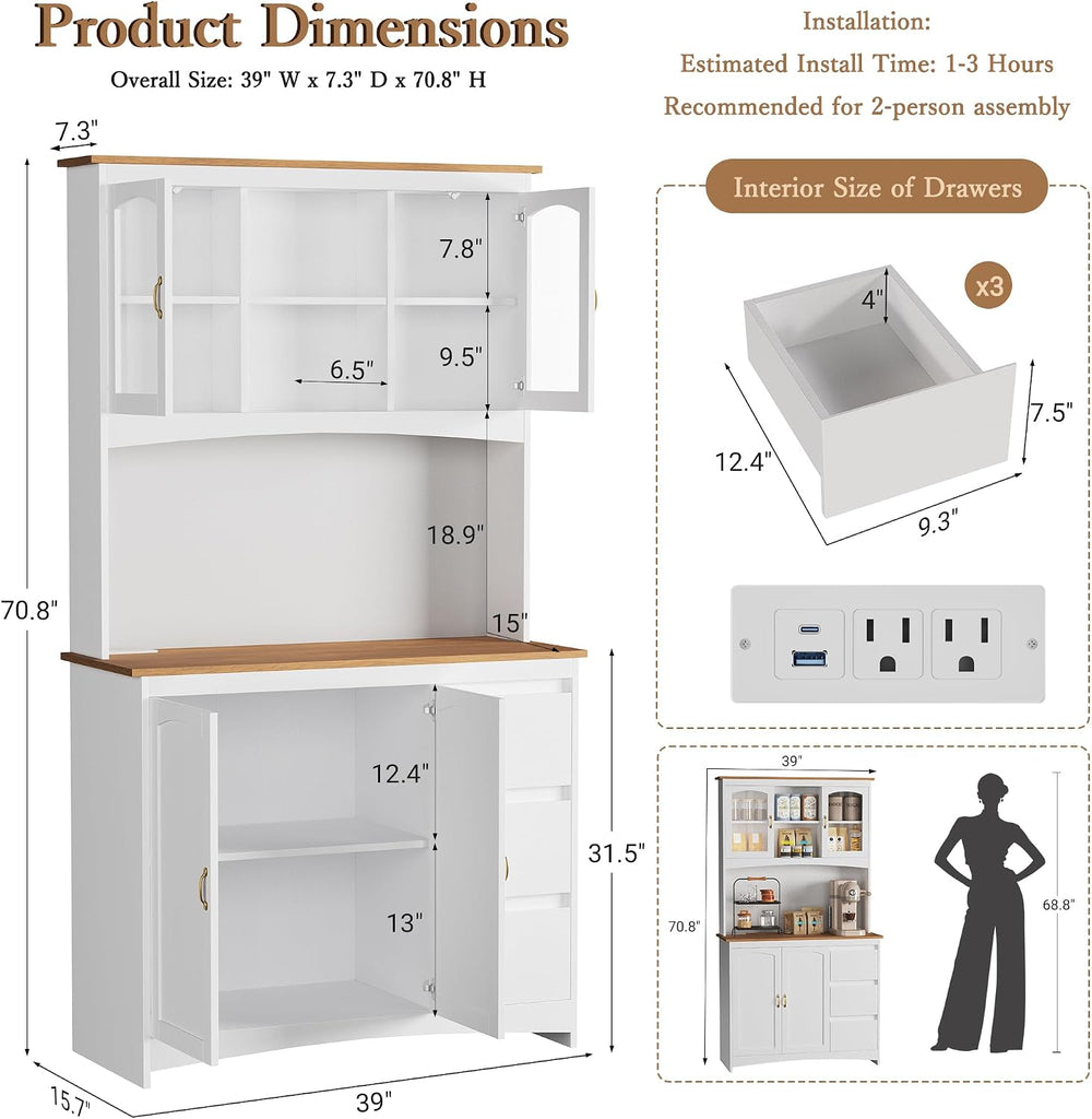 71" Tall Kitchen Pantry Cabinet with LED Lights & Charging Station |...