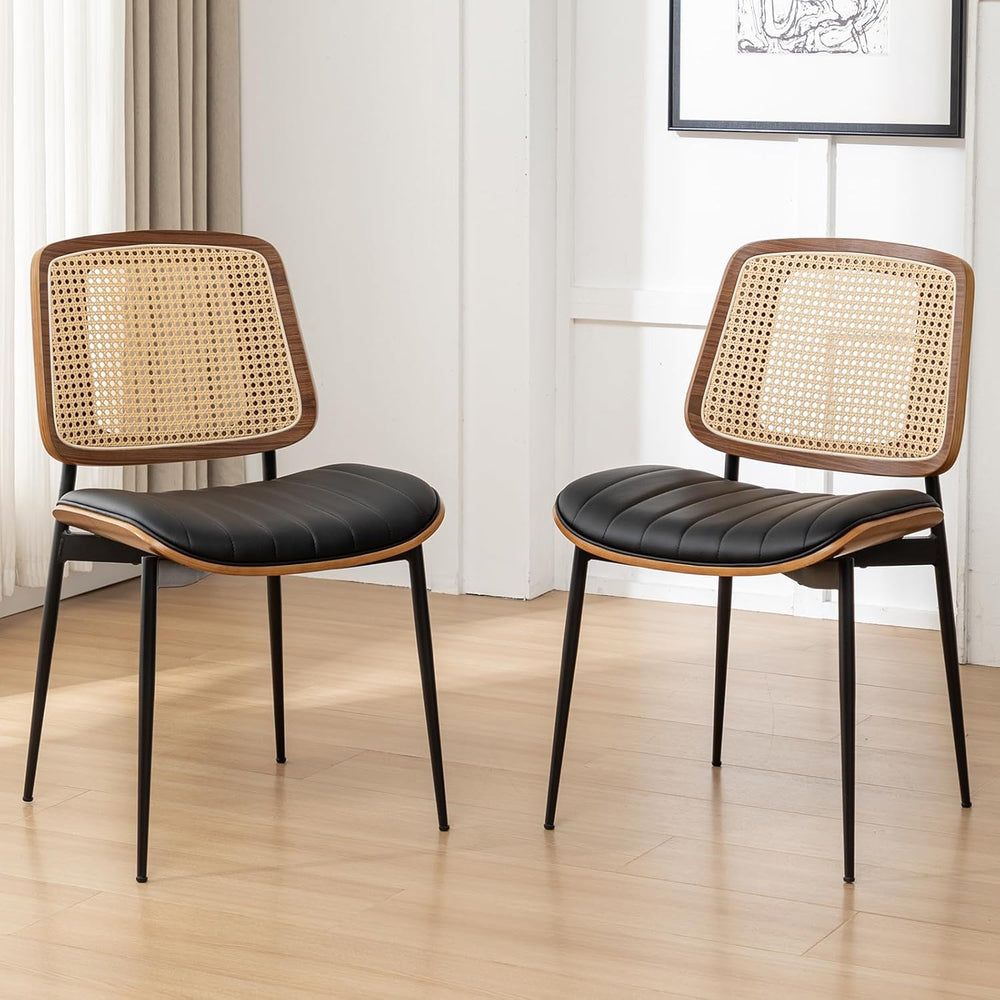 Rattan Dining Room Chairs Set of 4,Mid Century Black PU Leather Kitchen Chair...
