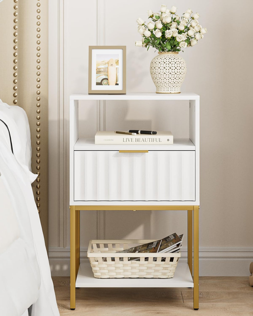 Nightstand,Modern Bedside Table with One Drawer and Two Shelf,White Night Sta...
