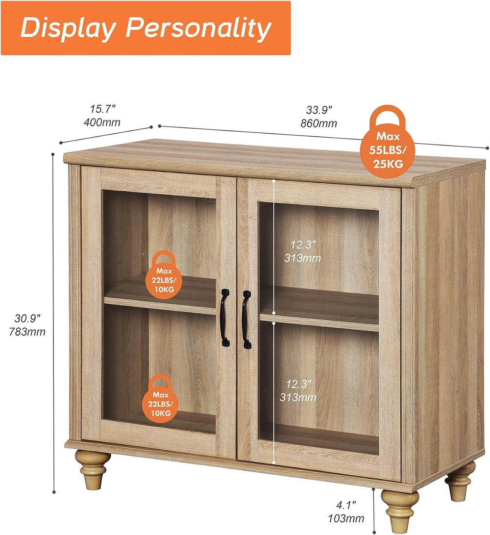 WAMPAT Buffet Cabinet with 2 Glass Doors&Adjustable Shelf, Oak