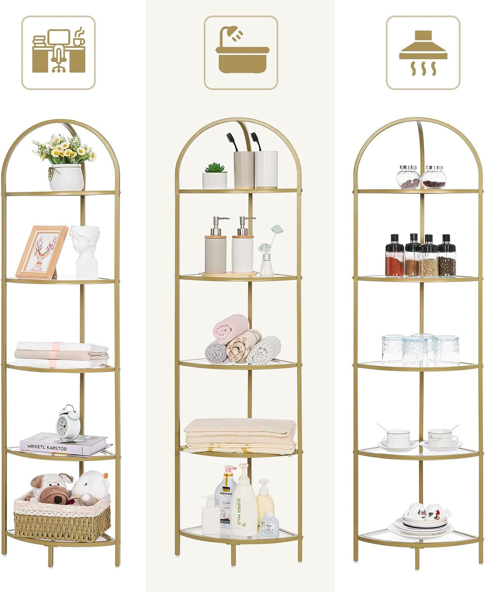 Homhedy 5-Tier Corner Shelf Stand, Metal Corner Bookshelf, Tempered Glass She...