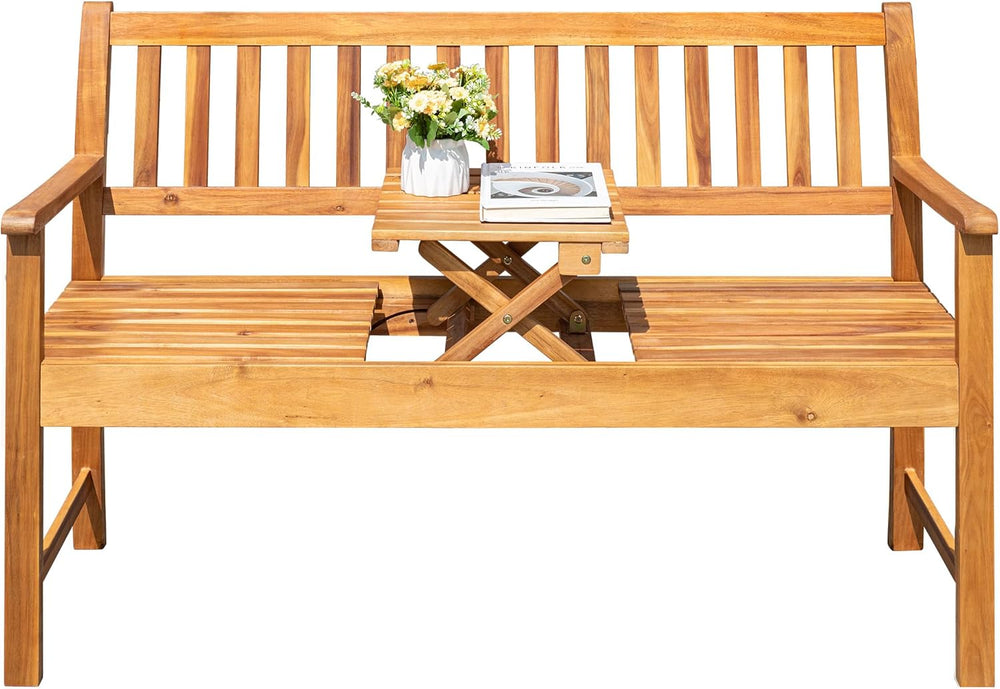 Greesum Outdoor Bench 2-Person Acacia Garden Chair Patio Porch Furniture with...