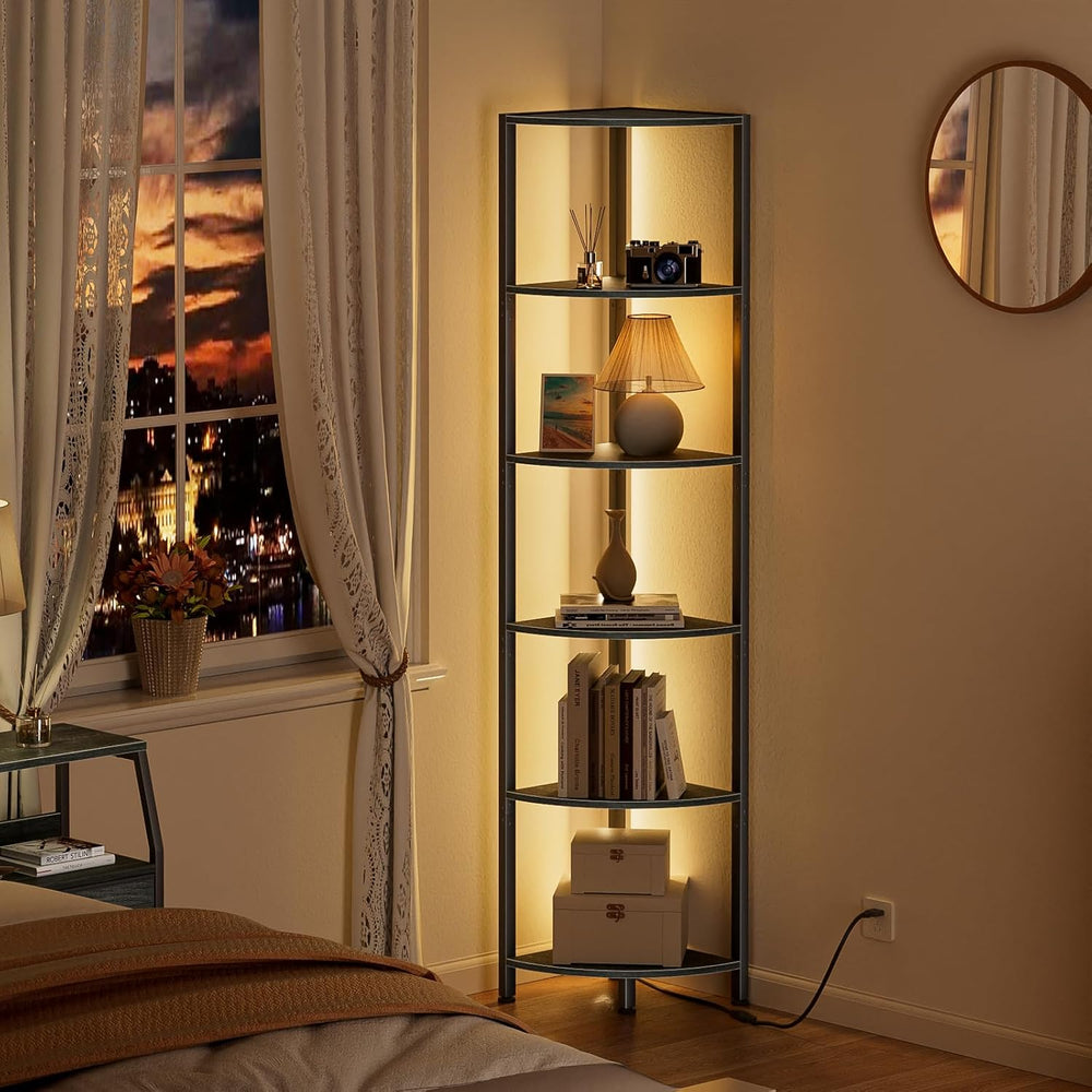 Furnulem 6 Tier Corner Shelf with LED Light, 67.5" Black Narrow Bookshel...