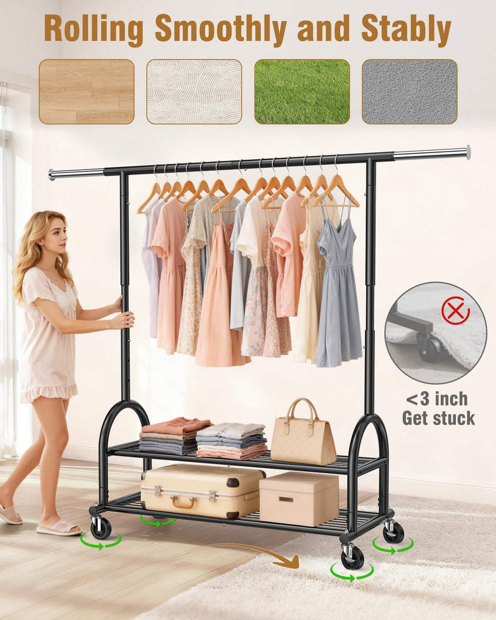 EAGMAK Rolling Clothes Rack Heavy Duty Clothing Racks with 2 Shelves, Black