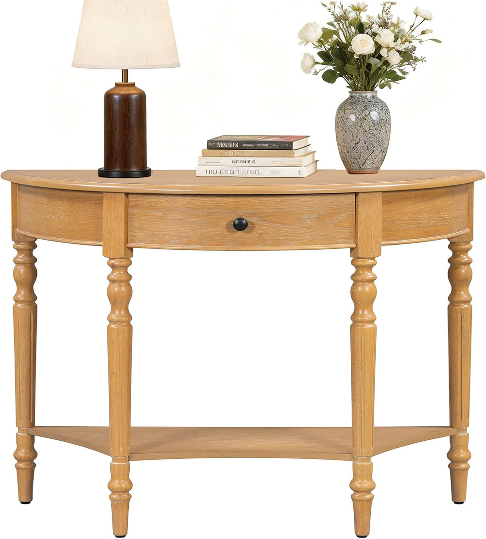 LKTART Vintage Half Moon Console Table with Solid Pinewood Frame & Legs, ...