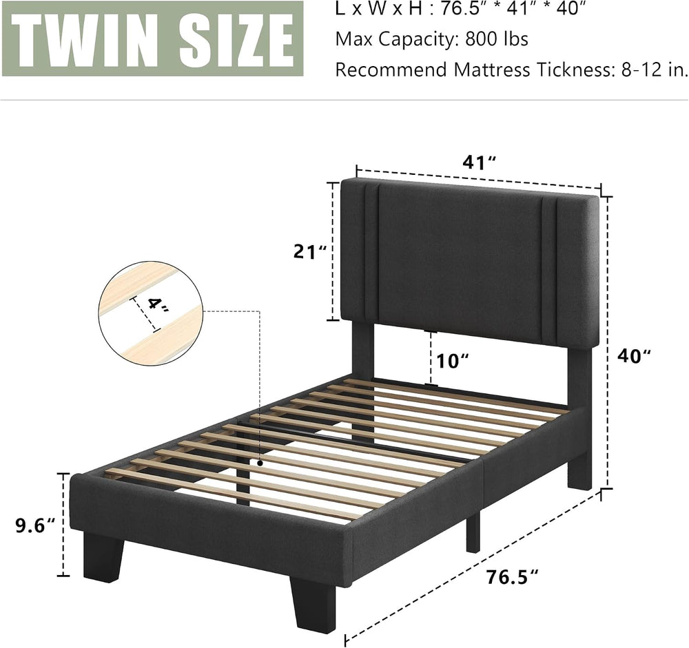 Feonase Twin Platform Bed Frame, Fabric Upholstered Twin Bed Frame, Solid Woo...