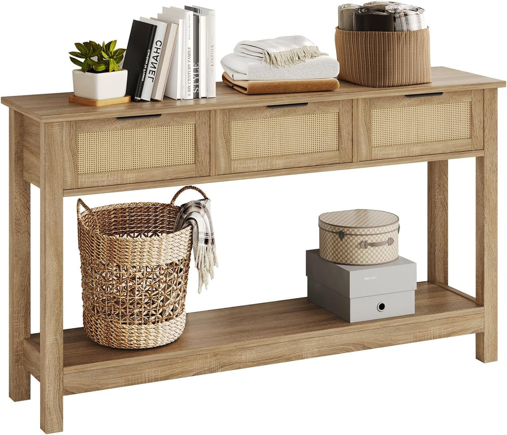Luoxiao Rattan Console Table 3-Drawer 47" Narrow Wood Entryway Sofa Tabl...