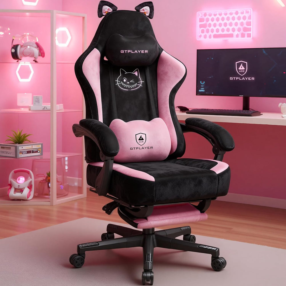 GTPLAYER Pink Gaming Chair Cute with Cat Ears Ergonomic Computer Chair with C...