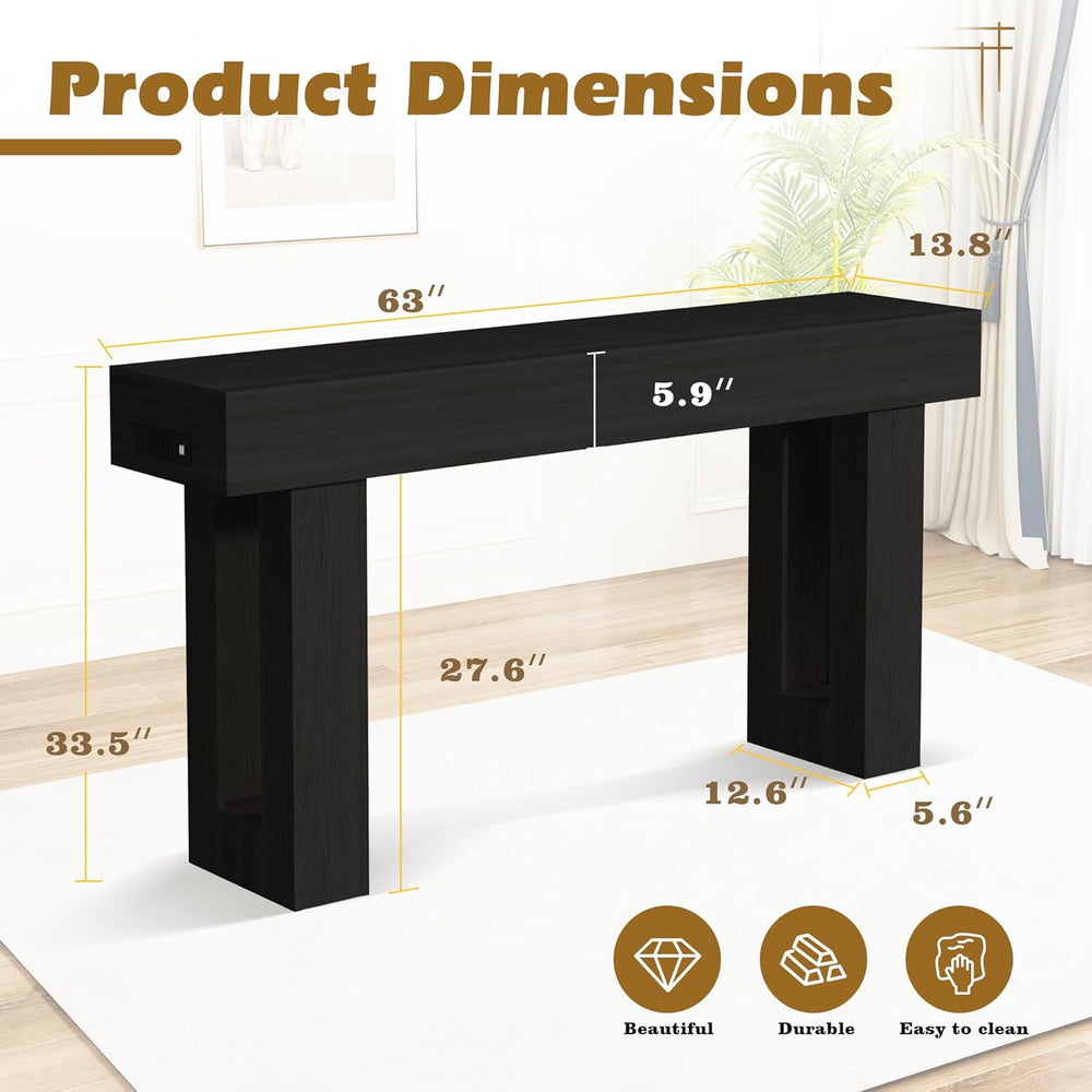Depeht 63" Long Console Table with Power Outlet LED Lights, Wooden Farmh...