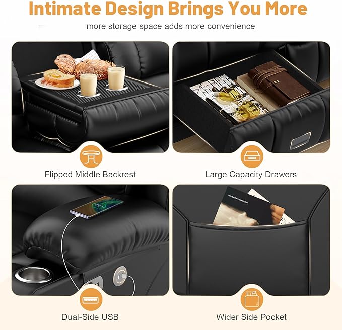 Recliner Sofa Set, Flip Middle Backrest Design PU Leather 3 Seater Reclining ...