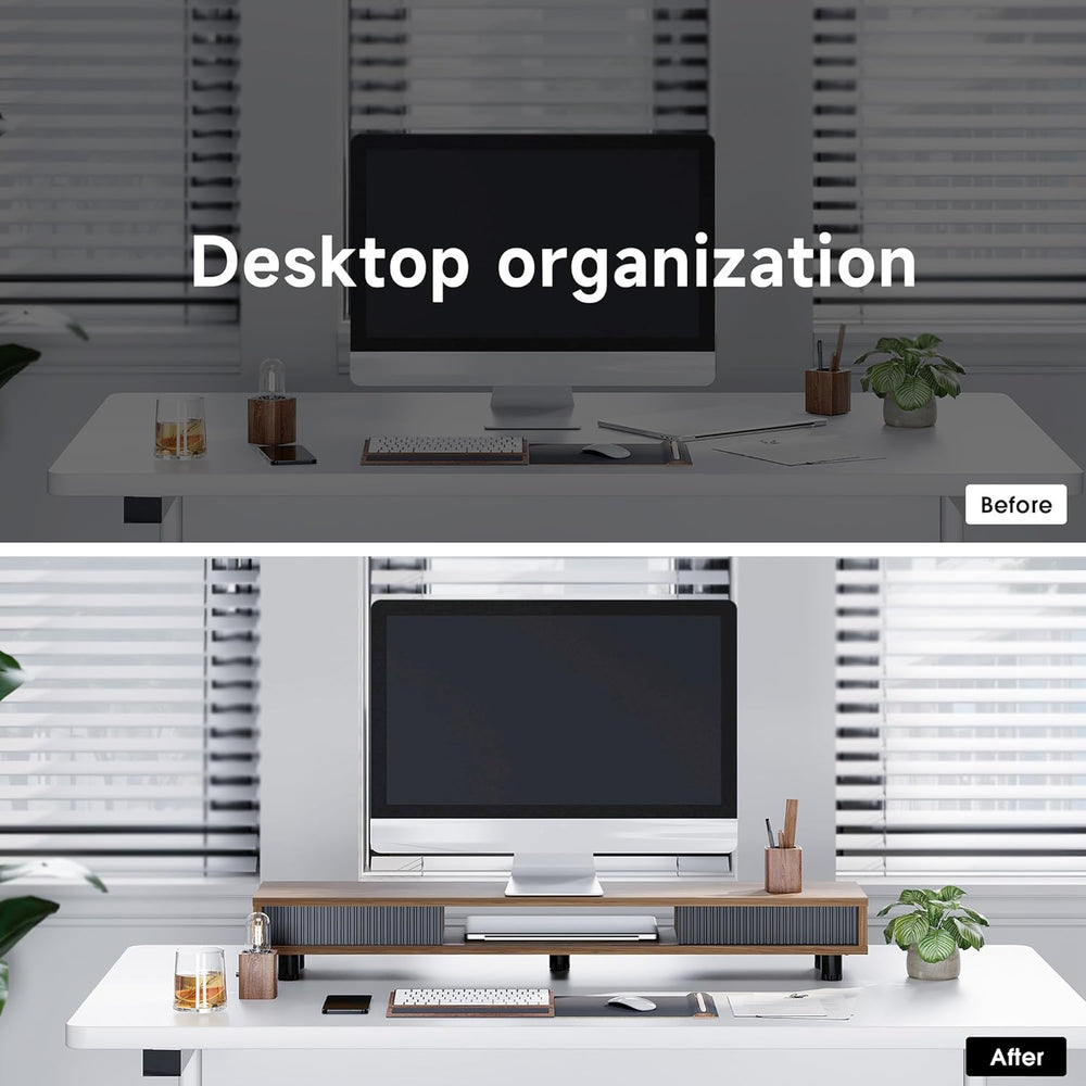 Fenge Dual Monitor Stand with Storage, Desk Shelf with Glass Sliding Door
