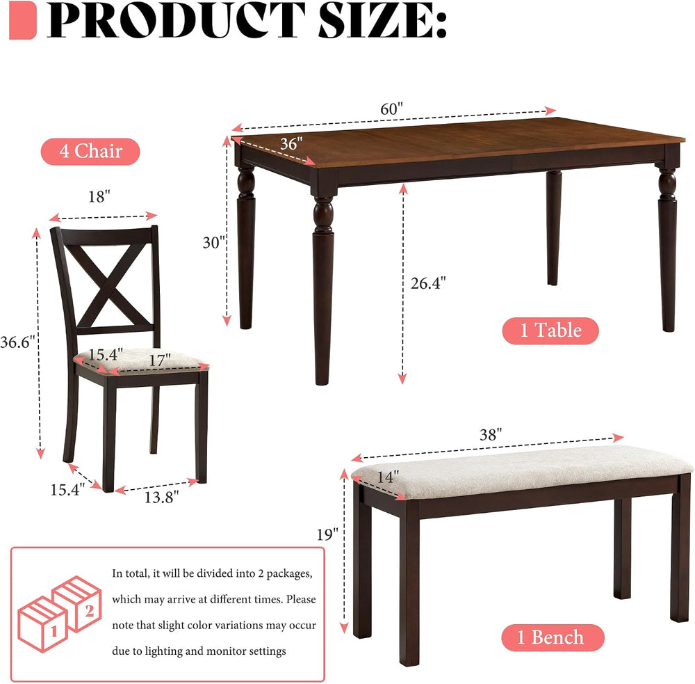 AMERLIFE 6-Piece Farmhouse Dining Table Set for 6-7, 60" Solid Wood Kitc...