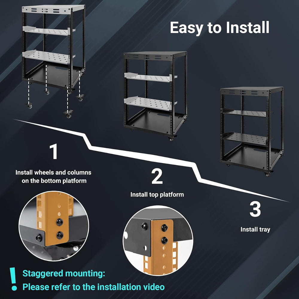 15U Open Frame Server Rack, Wall-mountable IT Rack w/Swivel Casters, 2 Rack S...