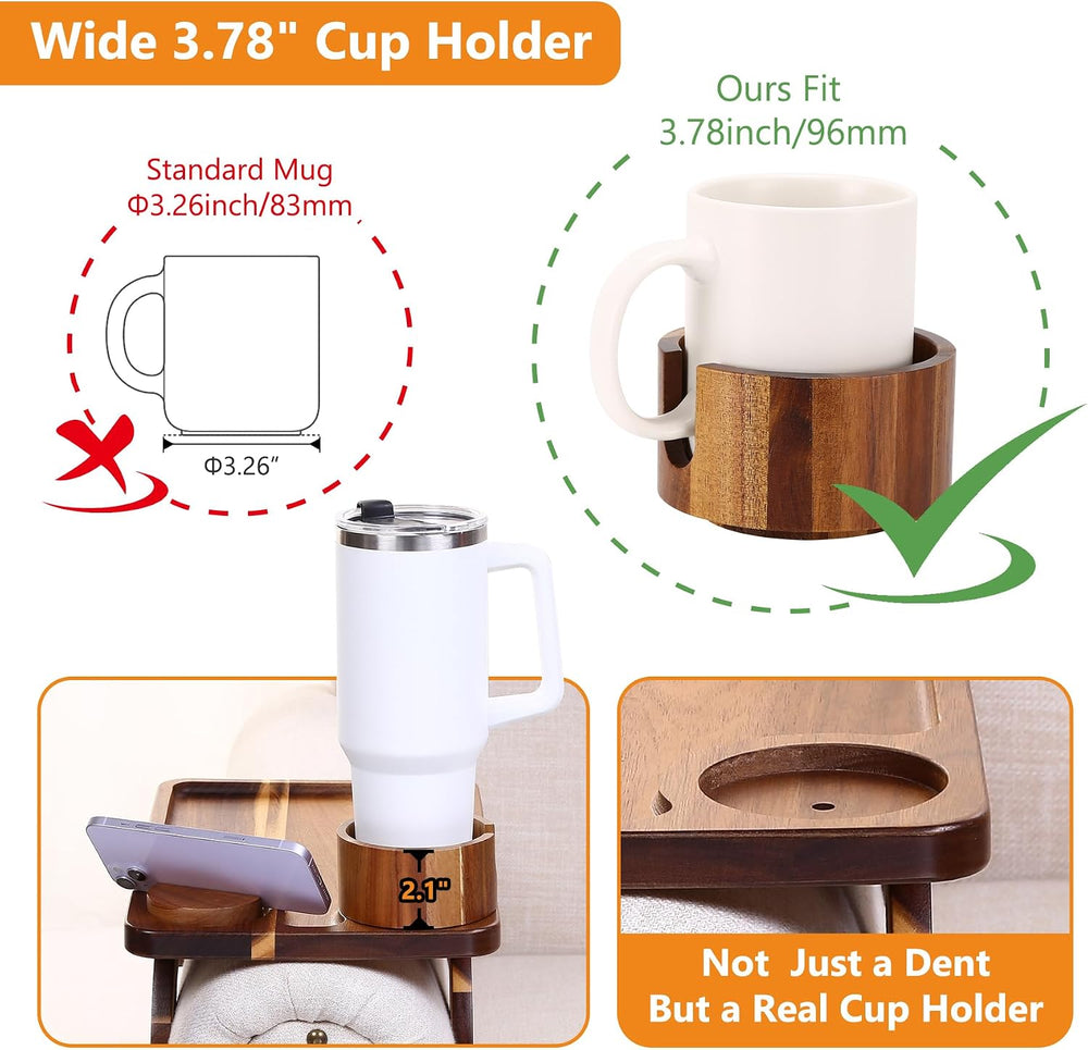 Couch Armrest Table Acacia with 360ยฐRotating Phone & Cup Holders,15.4&quo...