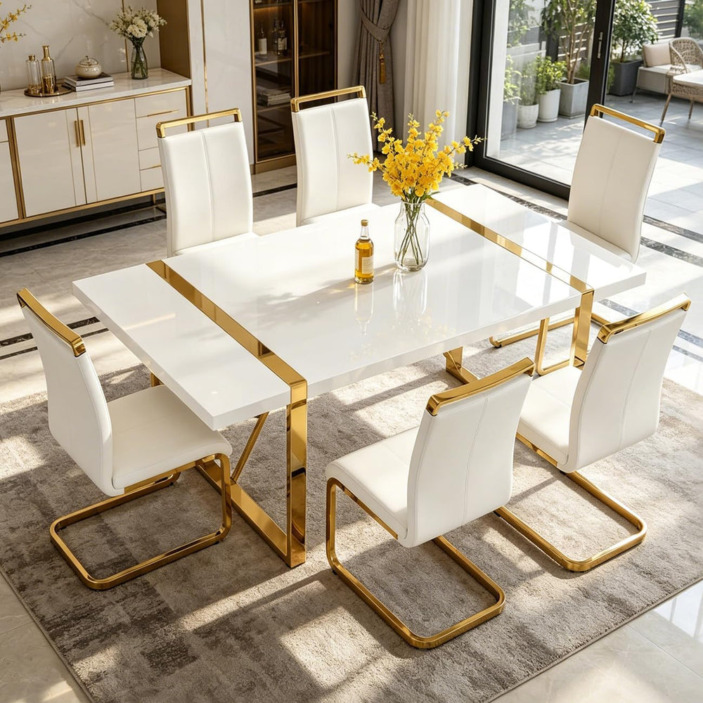 Modern Dining Table Set for 6, 55" White Dining Table Set with 6 Faux Le...