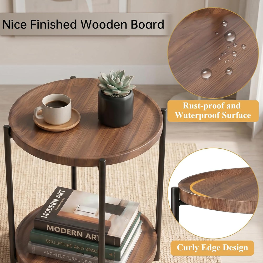 TeoKJ 2 Tier Small Side Table, Folding Round Metal End Table with Two Removab...