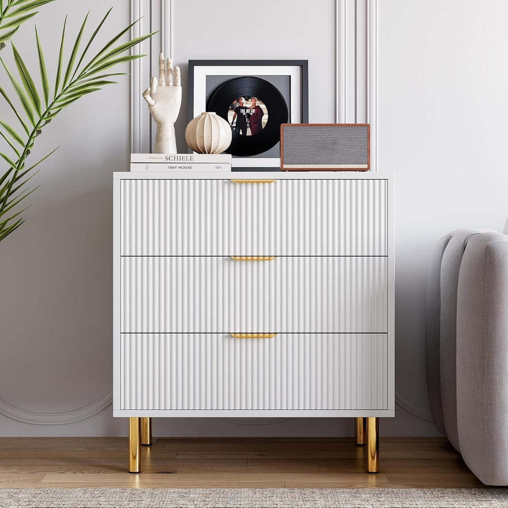 IDEALHOUSE Modern White 3 Drawer Dresser for Bedroom with Gold Handles