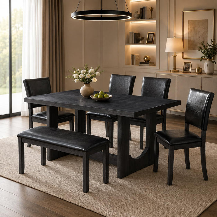 LUMISOL 6 Piece Farmhouse Dining Table Set, Solid Wood Dining Table with 4 PU Leather Chairs and Bench, U-Shaped Base Kitchen Set for Dining Room, Kitchen, Antique Black + Brown