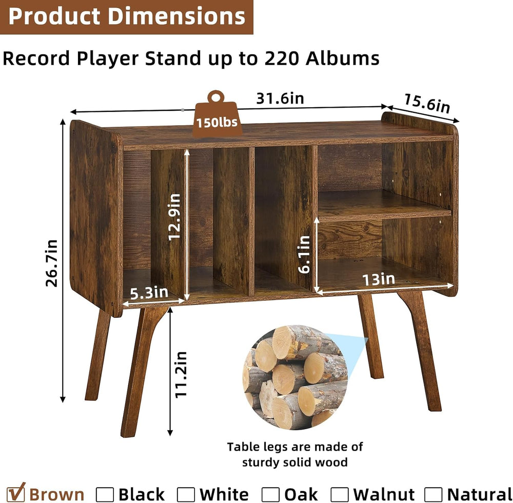 Lerliuo Record Player Stand with 4 Cabinet Holds Up to 220 Albums,Brown | Lar...