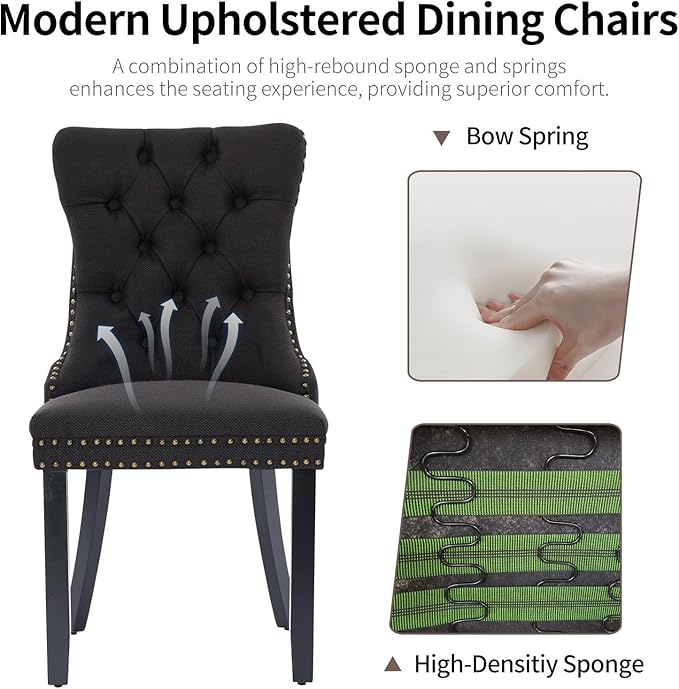 Black Dining Chairs Set of 2, Upholstered Tufted Linen Fabric Dining Room Cha...