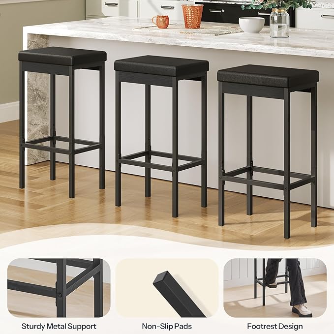 HOOBRO Bar Stools, Set of 3 Modern Black Rectangular Bar Chairs, 24.8-Inch He...